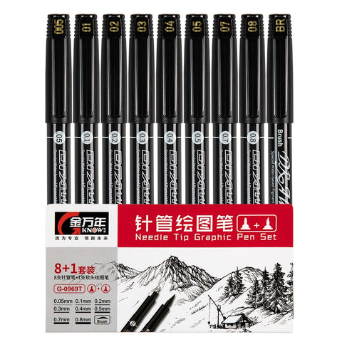 9Pcs/Set Black Pigment Liner Neelde Water-proof Drawing Pen Pigma Micron Sunproof Marker Pen for Sketching Office School