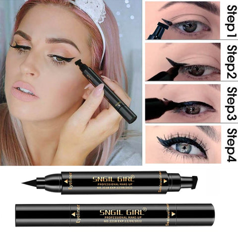 2 In 1 Eyeliner Stamp Cat Eyes Liquid Eye Liner Pencil Makeup Stamps Seal Pen Big Stamp Black Waterproof Quick Dry Eyeliners Kit